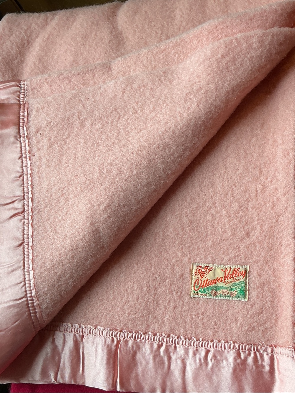 Vintage Pink Pure Wool Blanket w/ Satin Edge by Ottawa Valley Perfect